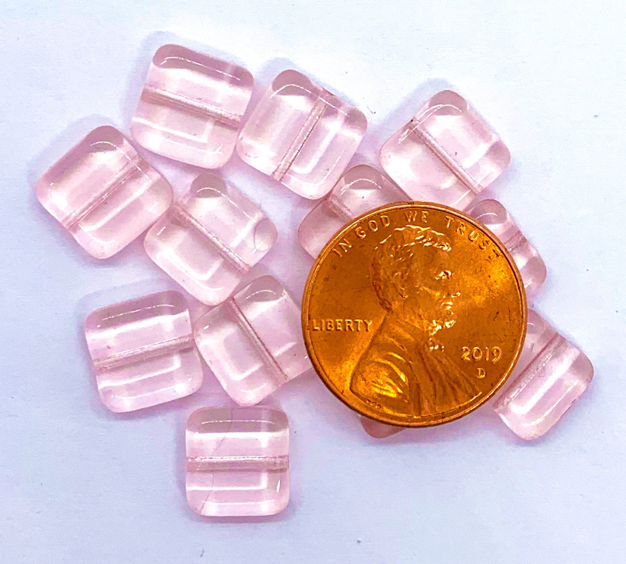 Twenty 9mm square Czech glass beads - transparent pink pressed glass beads C0026