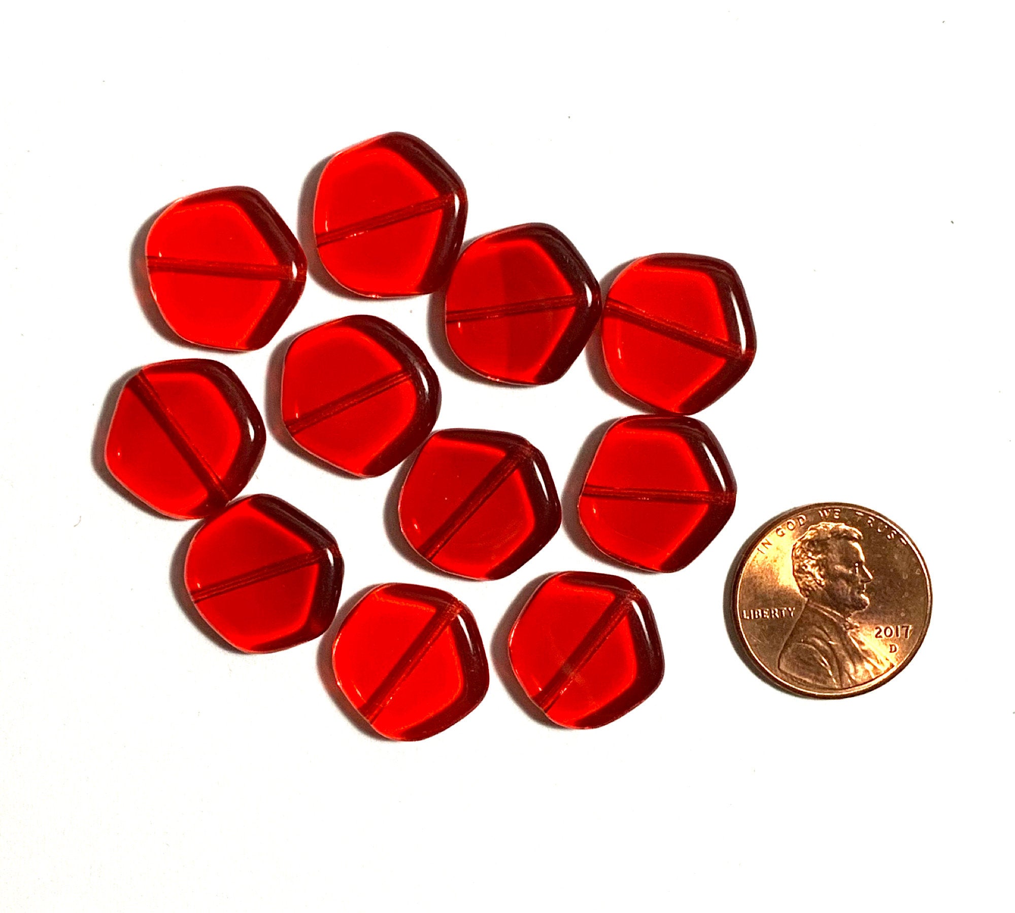Ten 15mm Czech glass asymmetrical coin or disc beads - transparent Siam red beads - C0055