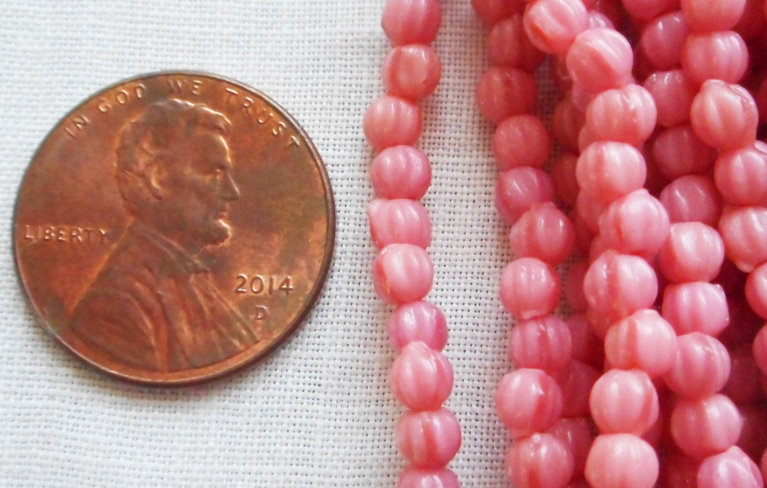 100 3mm Opaque Coral Pink melon beads, pressed glass Czech beads, C46150