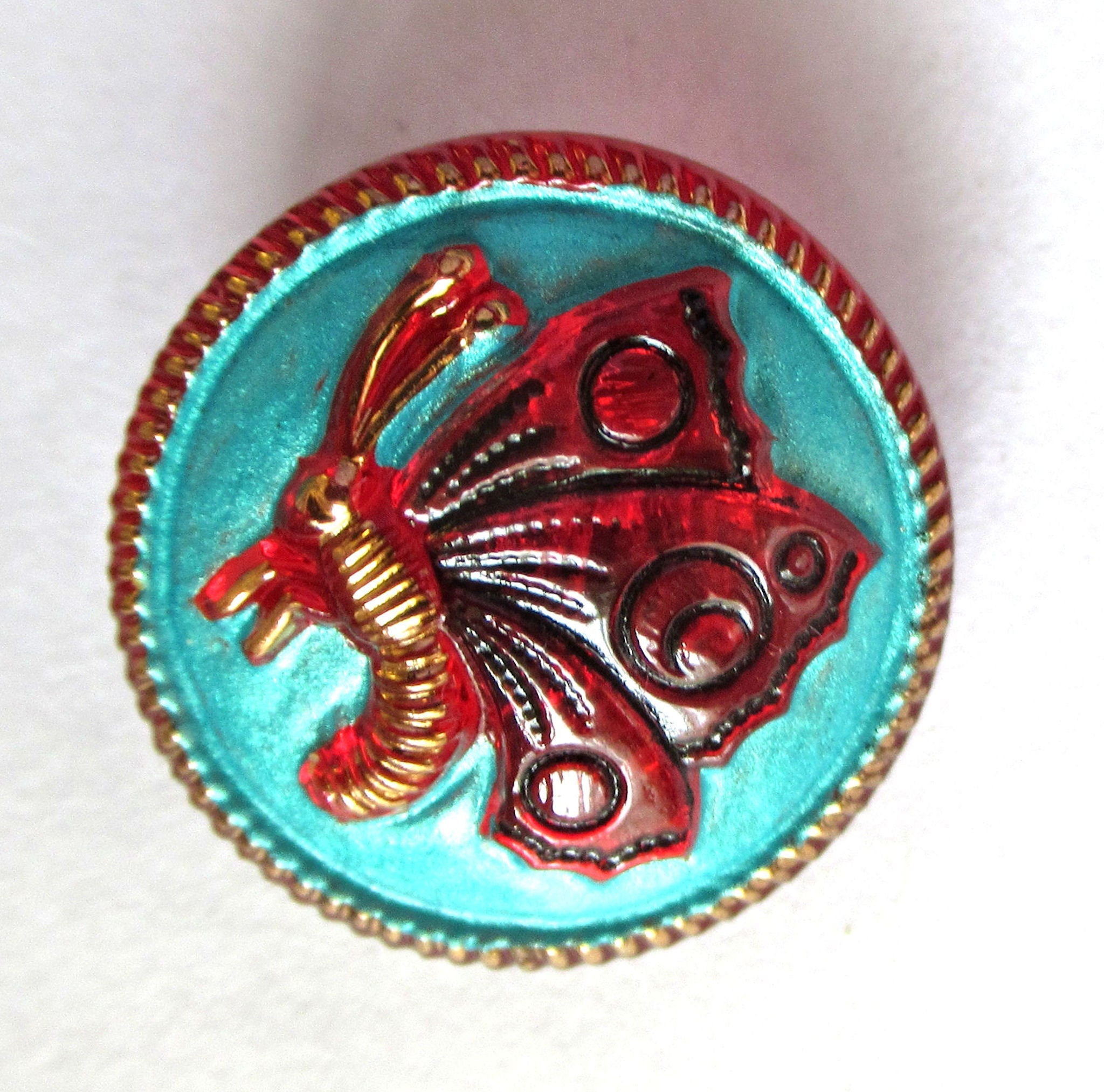One 18mm Czech glass butterfly button - blue & red with gold accents decorative shank buttons 00552