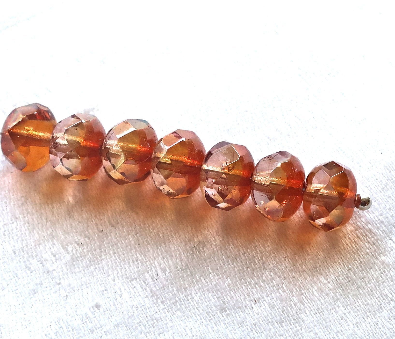 25 Czech glass puffy rondelles, 6 x 8mm transparent pink / apricot AB color mix, faceted puffy rondelle beads, sale price 50101 - Glorious Glass Beads