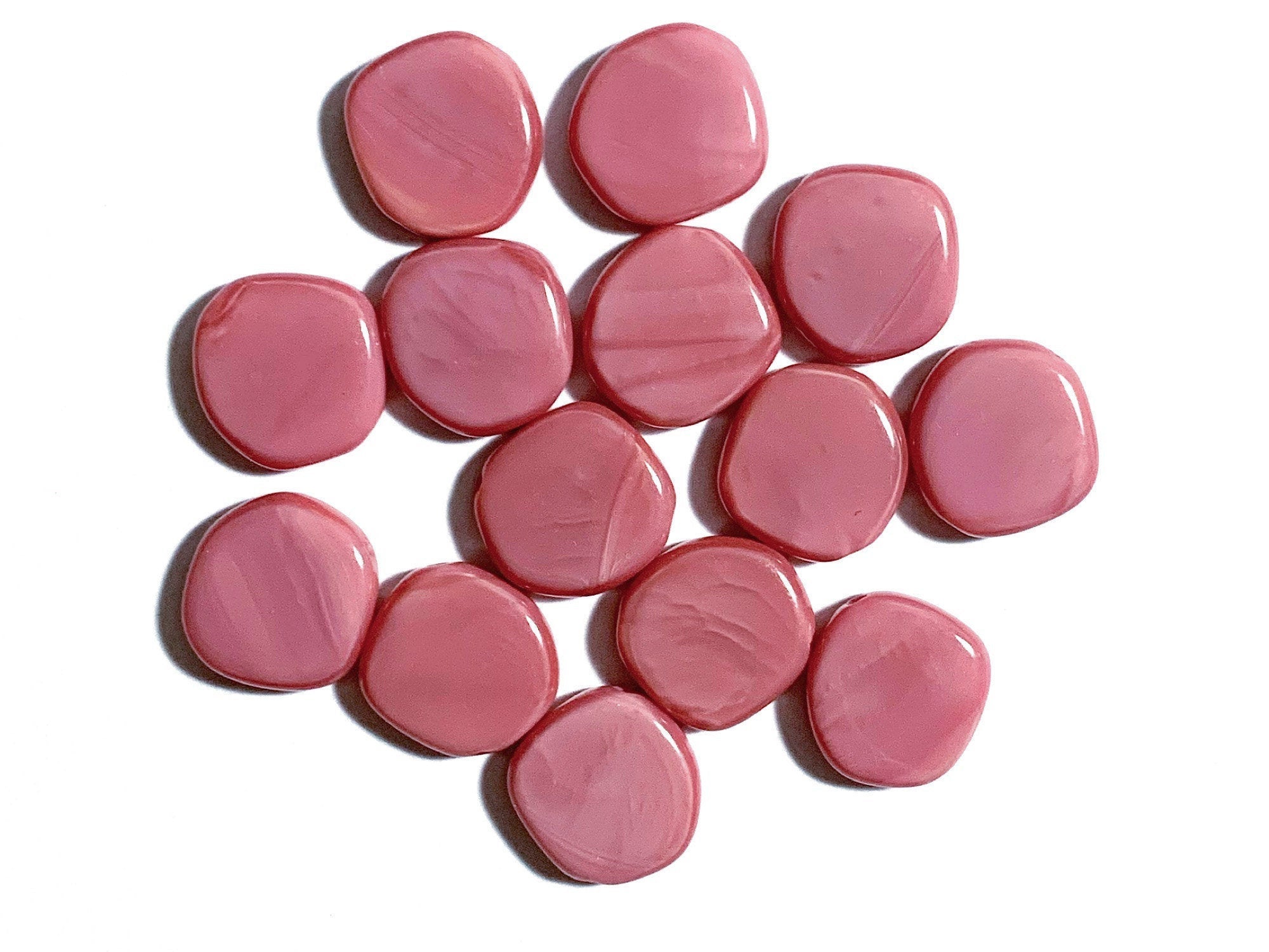 Ten 15mm Czech glass asymmetrical coin or disc beads - opaque pink silk beads - C0019