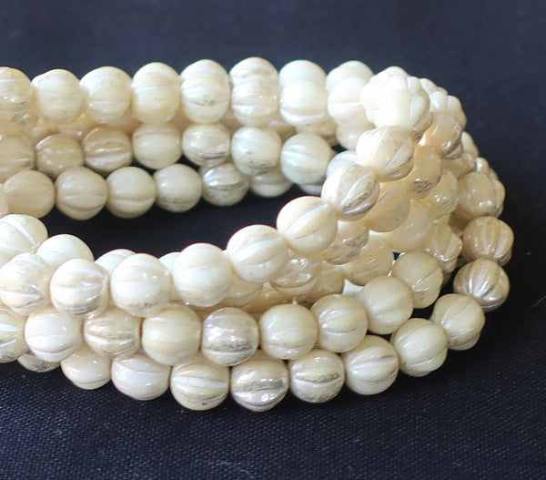 25 opaque off white, ivory mercury melon beads, 6mm pressed Czech glass beads with a white luster finish C0801