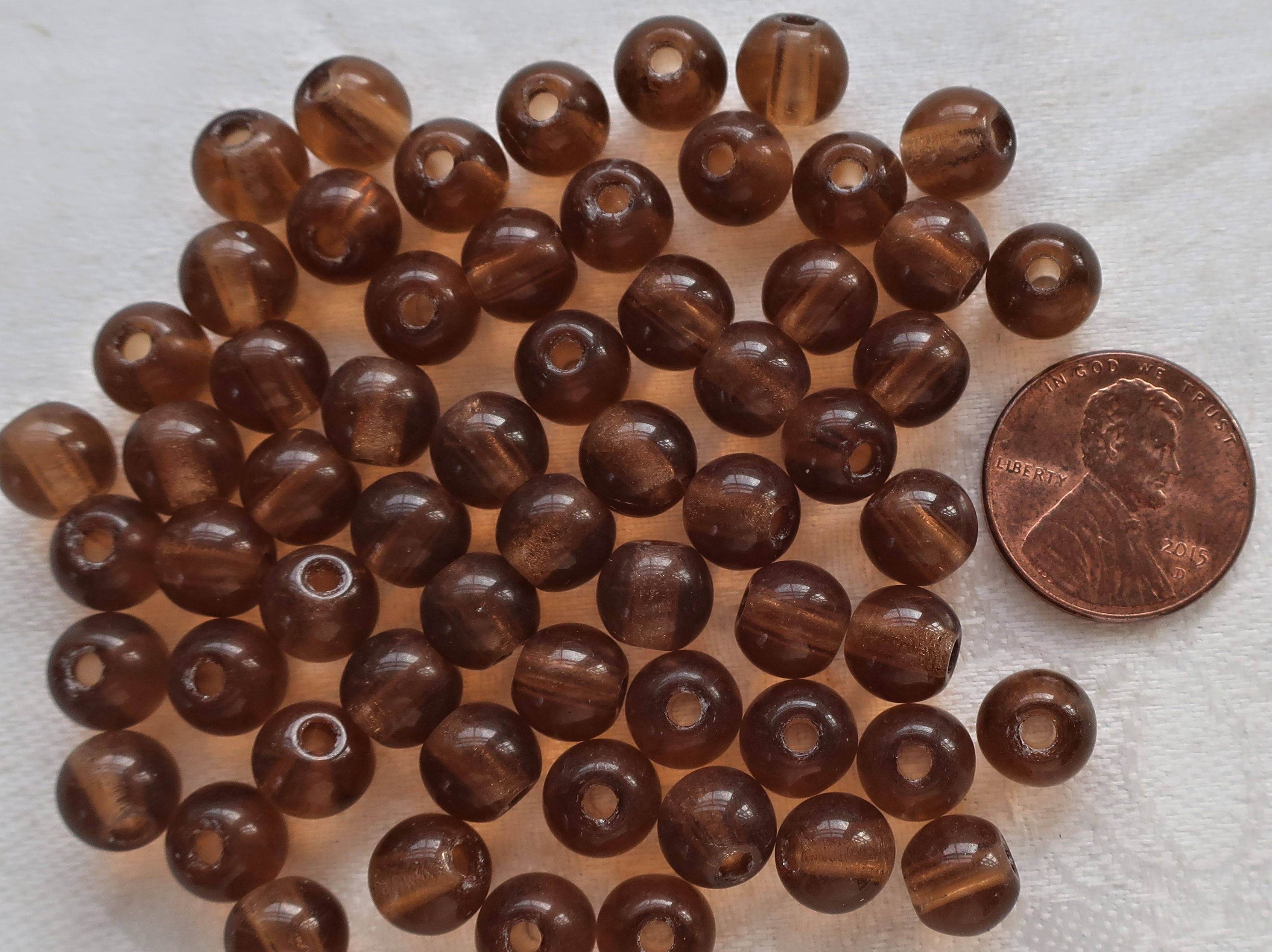 Lot of 25 8mm Czech glass big hole druk beads, smoky topaz, Brown, smooth round druksb f with 2mm holes C7201 - Glorious Glass Beads