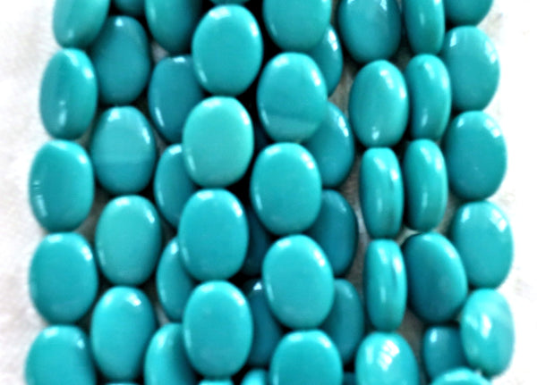 25 Opaque Turquoise Green flat oval Czech Glass beads, 12mm x 9mm pressed glass beads C41125