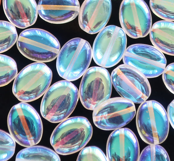 25 Crystal AB flat oval Czech Glass beads, 12mm x 9mm pressed glass beads C7525 - Glorious Glass Beads