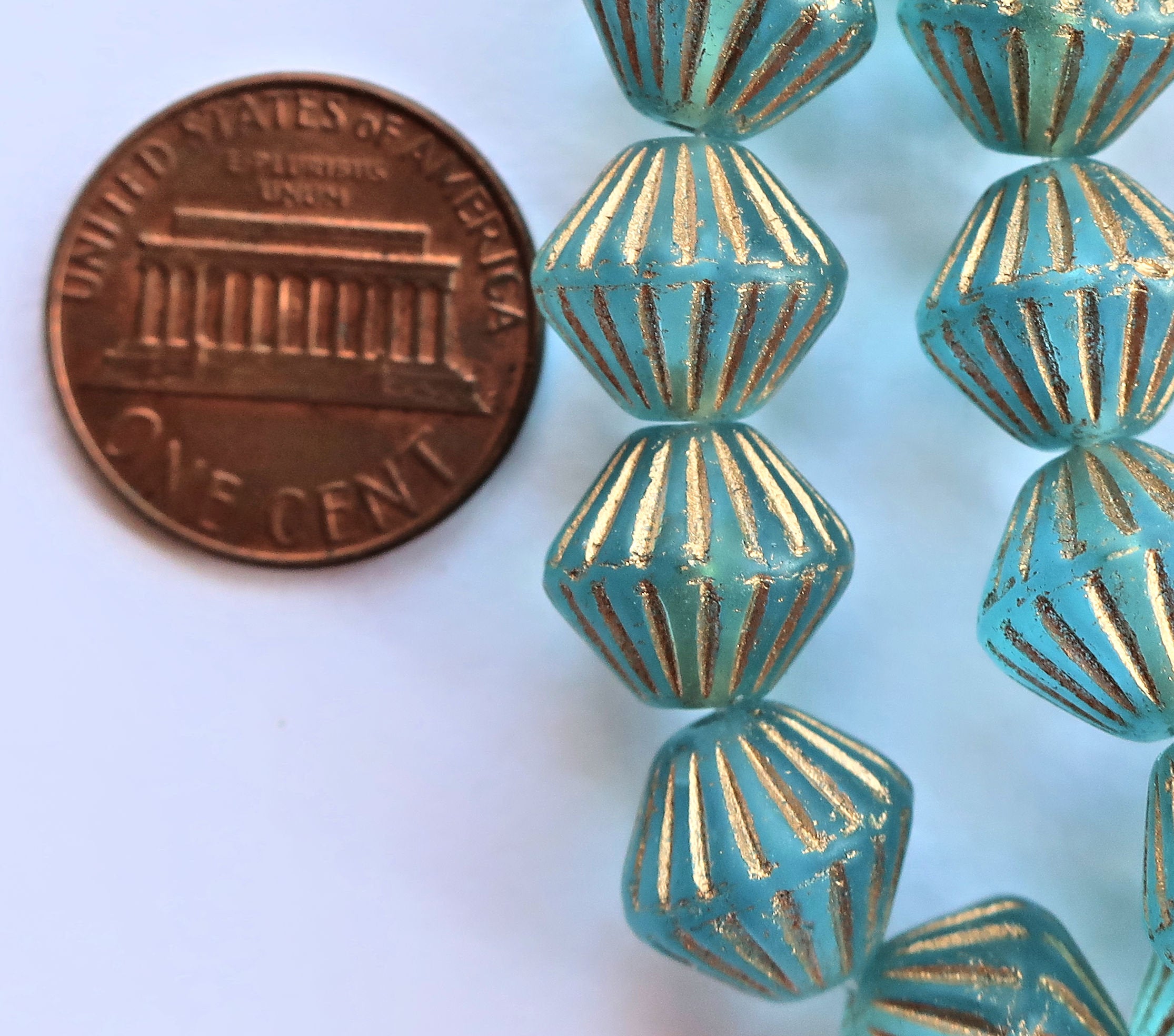 Five Czech glass bicones - 11mm x 10mm - frosted light sapphire blue with gold accents - carved, chunky, rustic bicone beads C0601 - Glorious Glass Beads