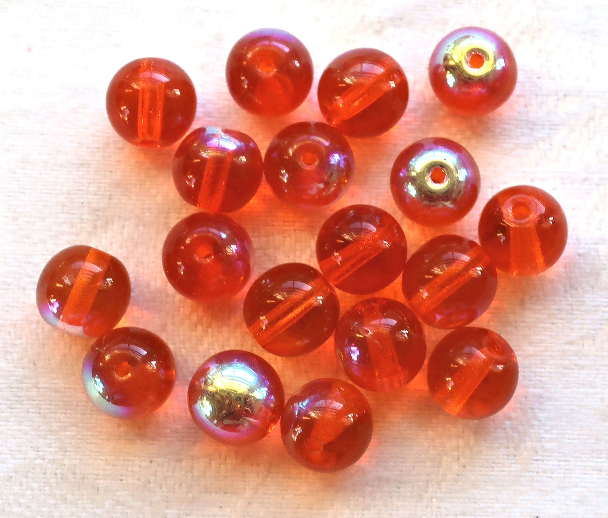 Lot of 25 8mm Hyacinth Orange AB smooth round druk beads, Czech glass druks C4325 - Glorious Glass Beads