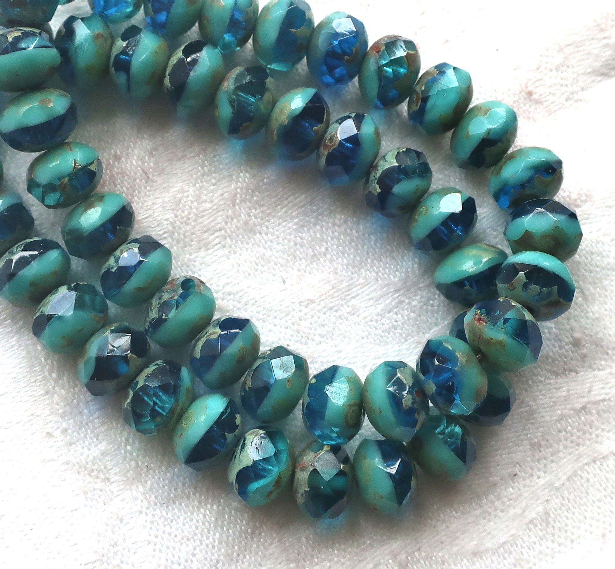LOt of 25 faceted Czech glass puffy rondelle beads, 8 x 6mm transparent aqua blue & opaque turquoise green picasso mix rondelles 02301 - Glorious Glass Beads