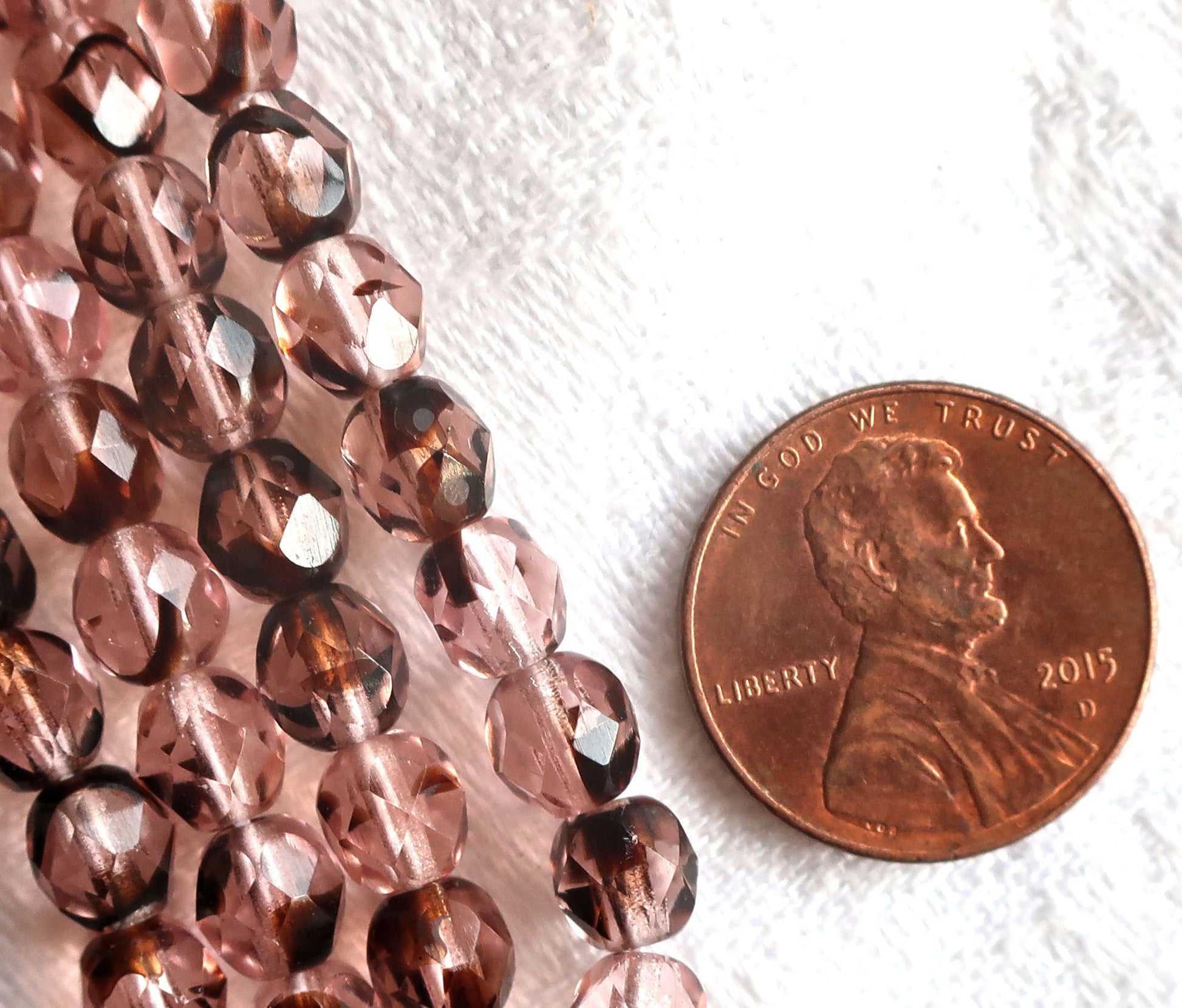 Lot of 25 6mm Czech glass beads - Rosaline Tortoise - pink & brown - round firepolished faceted beads 6525 - Glorious Glass Beads