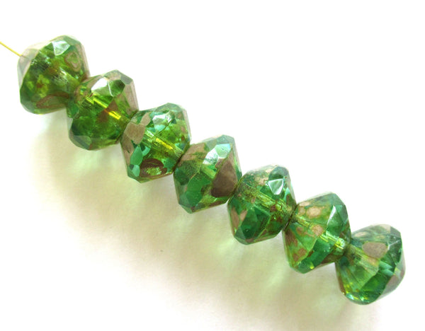 Five Czech large glass faceted rivoli saucer beads - 9 x 13mm peridot green w/ picasso finish - chunky rustic earthy beads C00822