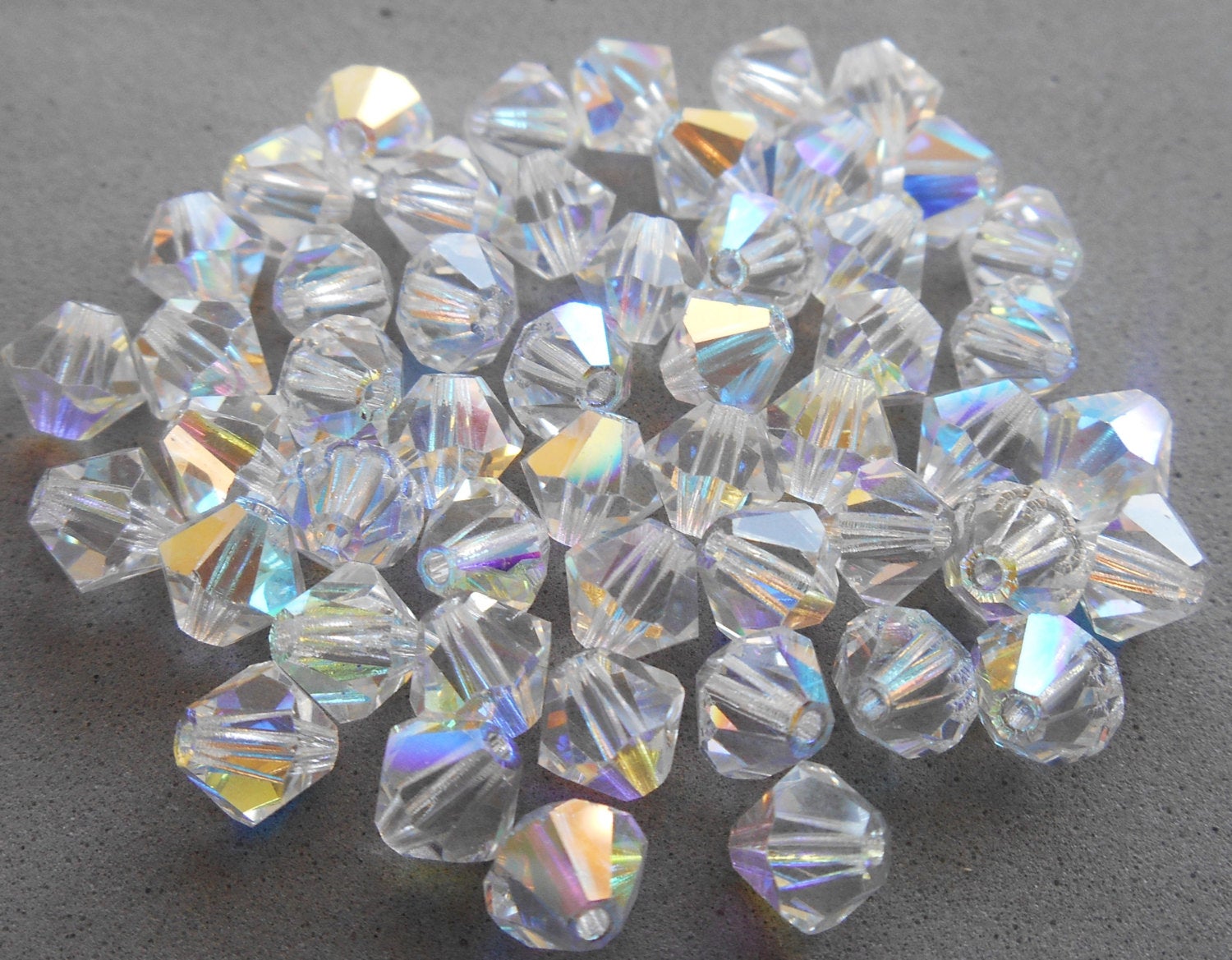 Lot of 24 6mm Crystal AB Czech Preciosa bicone beads, faceted glass crystal AB bicones C4801