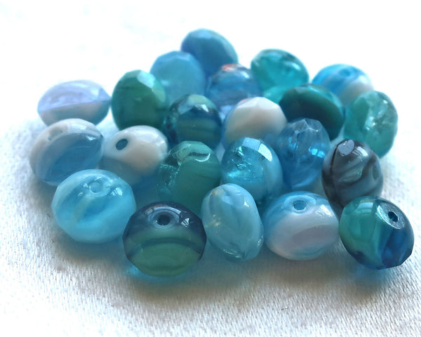 25 Czech glass puffy rondelles, 6 x 8mm transparent & opaque aqua blue and white color mix, faceted puffy rondelle beads, sale price 03101 - Glorious Glass Beads