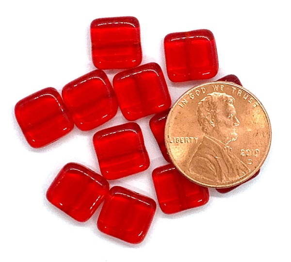 Twenty 9mm square Czech glass beads - transparent Siam red pressed glass beads C0087