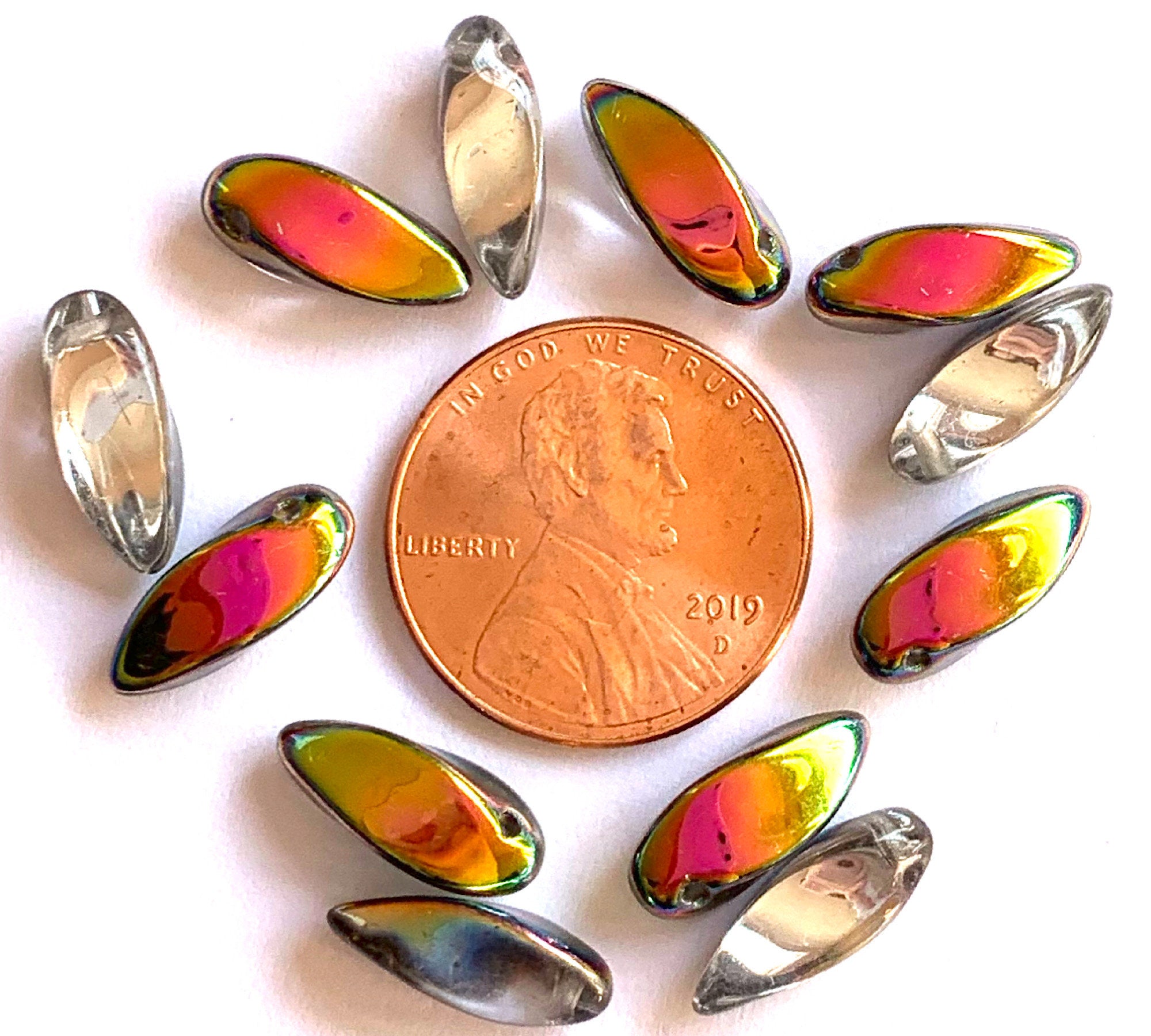 20 Czech glass twisted teardrop, petal or dagger beads - top drilled 6 x 12mm crystal vitrail pressed glass beads C0821