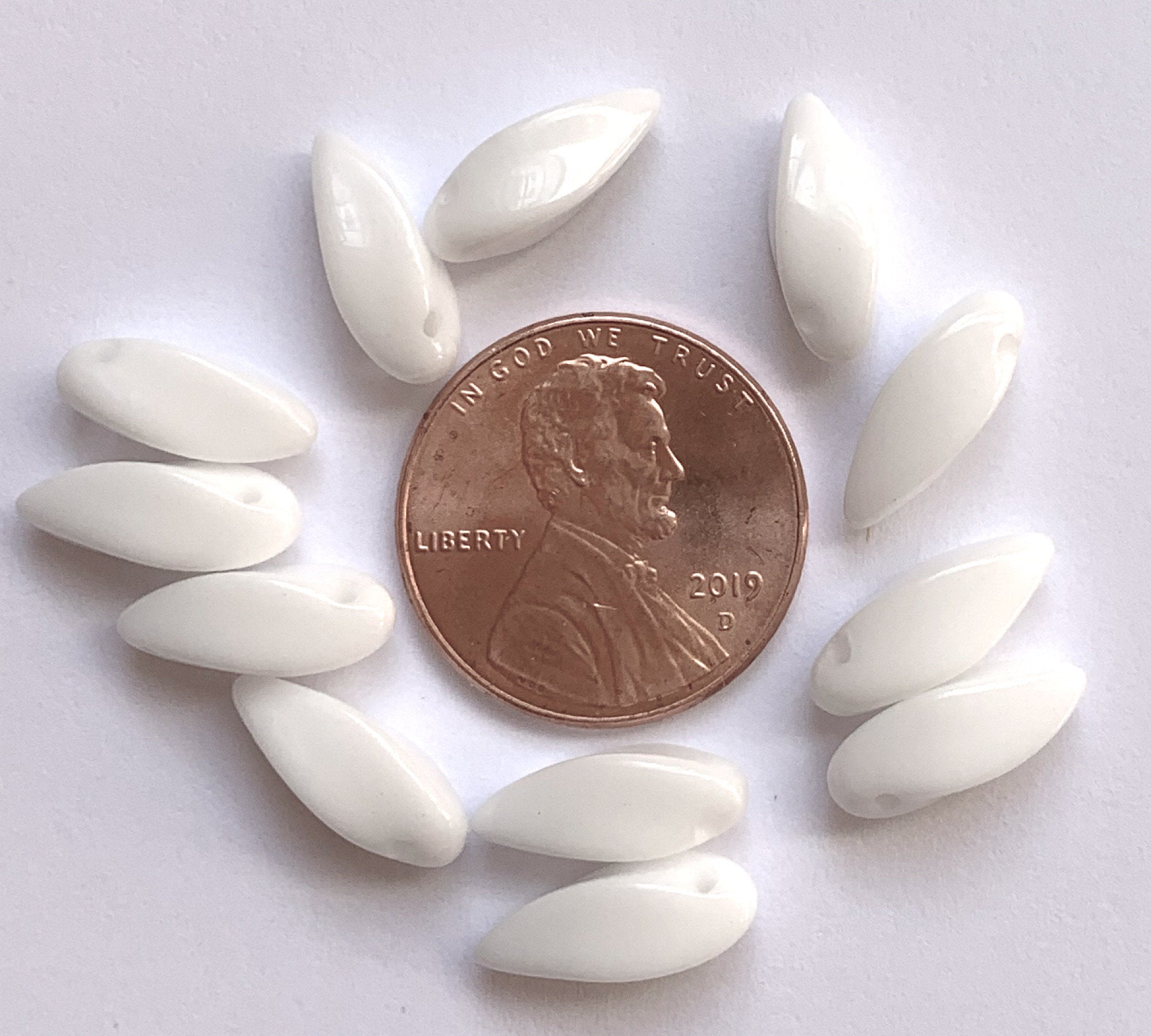 20 Czech glass twisted teardrop, petal or dagger beads - top drilled 6 x 12mm opaque white pressed glass beads C0201