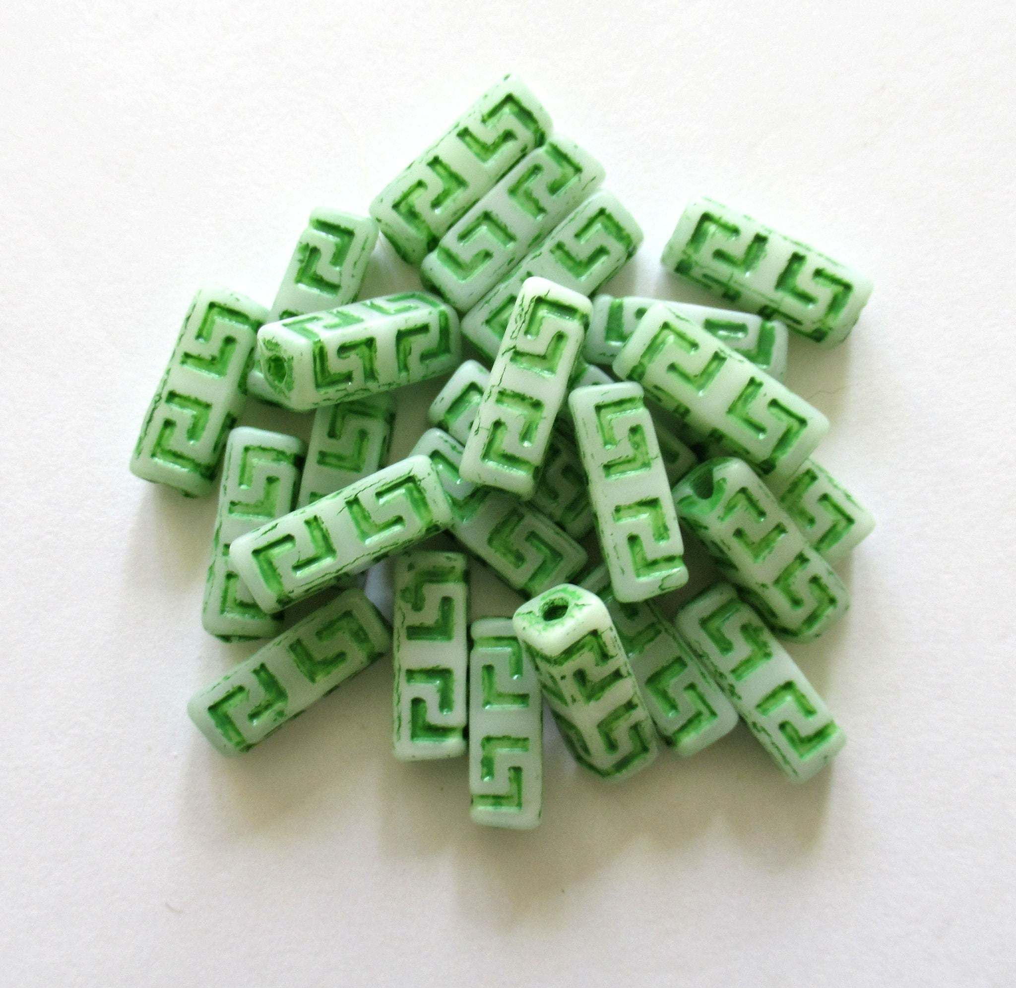 12 Czech glass beads - squared tube beads - Celtic block beads - white with a green wash - 15 x 5mm C0045