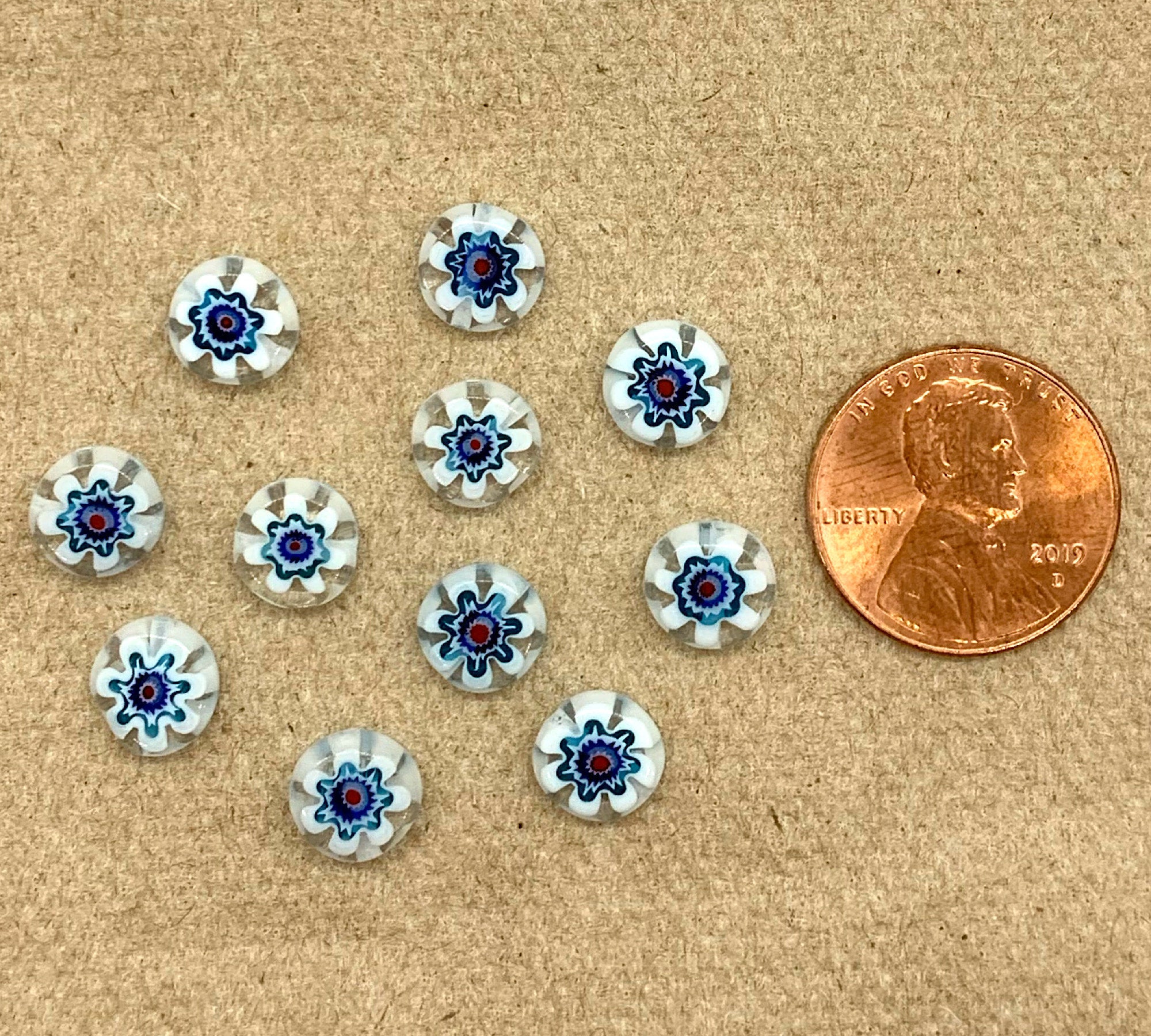 Ten 8mm cane or millefiori glass beads - aqua red and white coin or disc beads - C0008