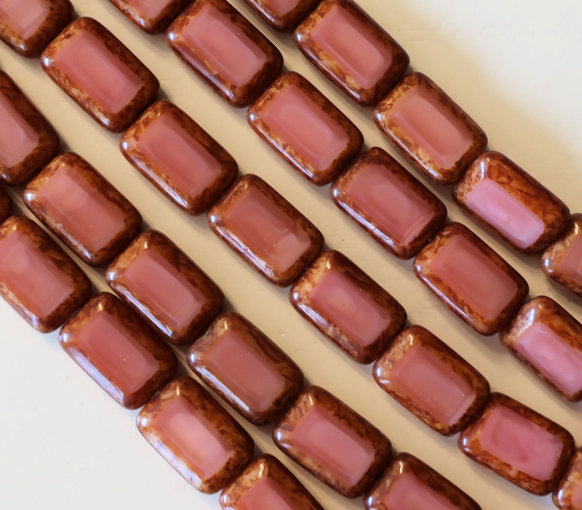 Lot of 24 Czech glass rectangle beads - table cut opaque silky pink Picasso Czech glass rectangular beads, 12mm x 8mm, C16101 - Glorious Glass Beads
