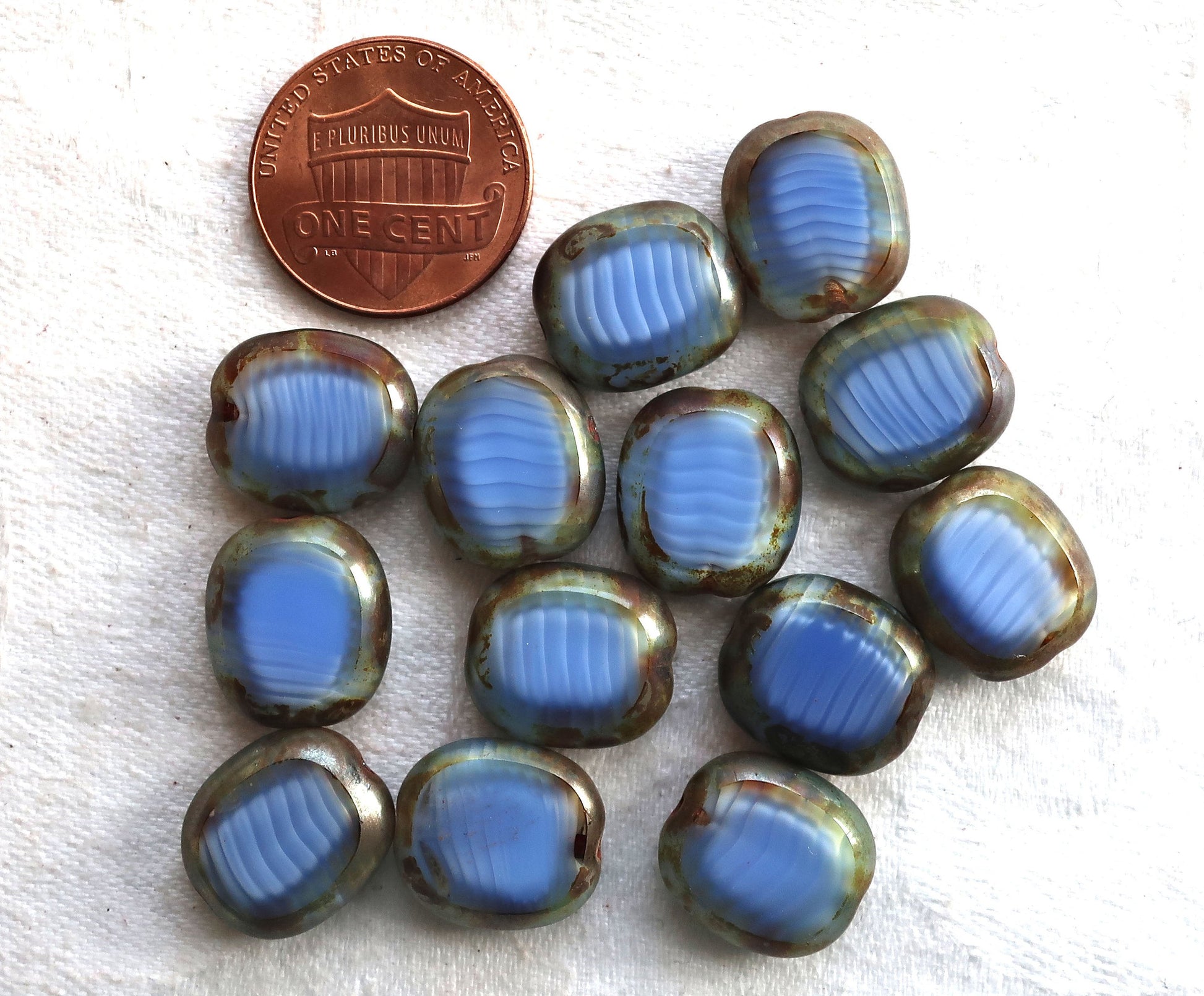 five lage oval Czech glass beads, 14 x 12mm opaque mabled blue & white glass, flat tablecut window beads with a picasso finish C00101 - Glorious Glass Beads