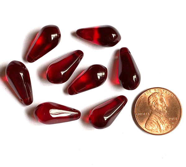 Ten large Czech glass teardrop beads - 9 x 18mm light garnet red pressed glass side drilled faceted drops six sides C0063