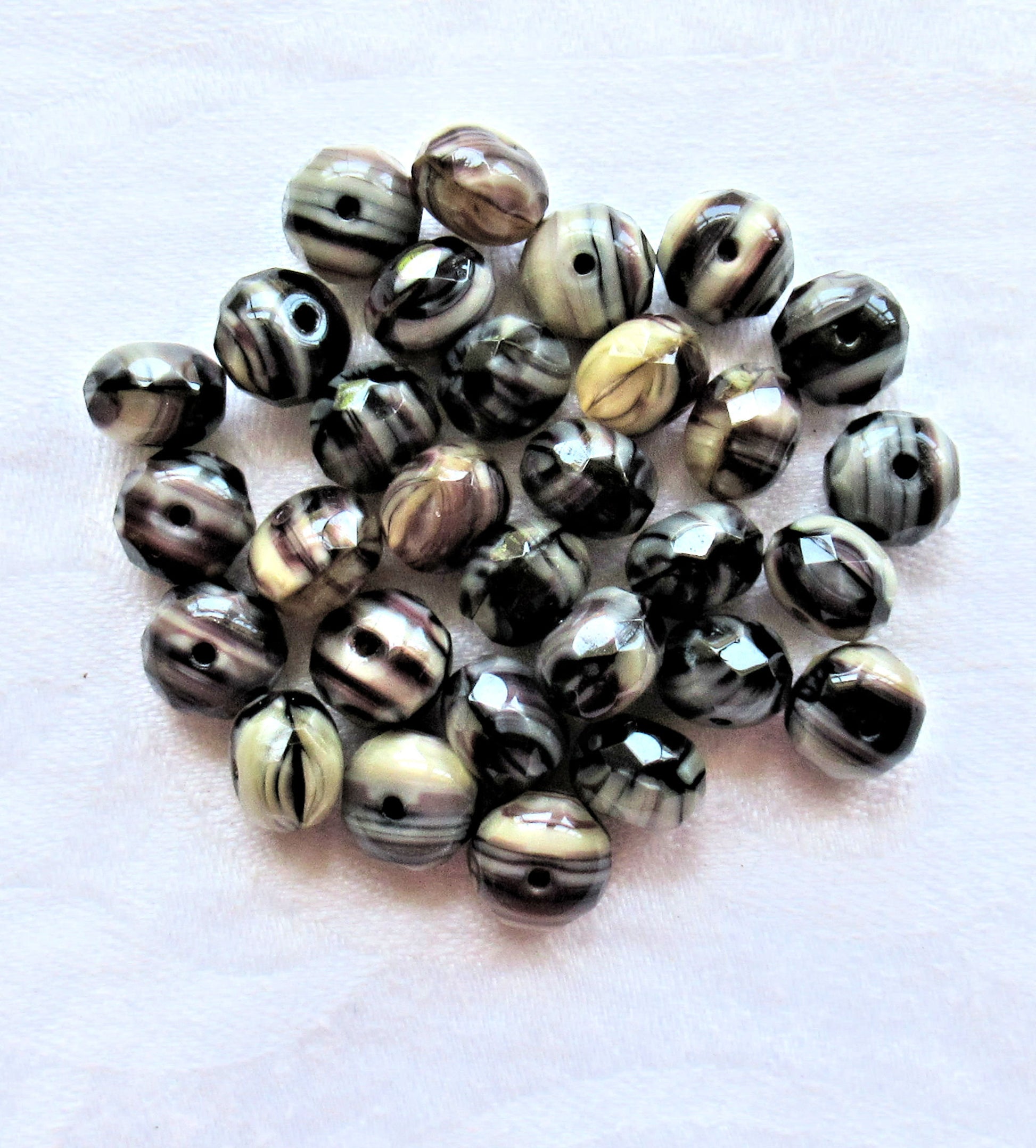 30 Czech glass puffy rondelle beads - 6 x 9mm - black & amethyst marbled w/ white and ivory color mix faceted rondelles, C80201 - Glorious Glass Beads