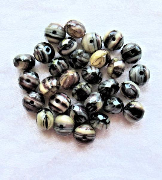 30 Czech glass puffy rondelle beads - 6 x 9mm - black & amethyst marbled w/ white and ivory color mix faceted rondelles, C80201 - Glorious Glass Beads