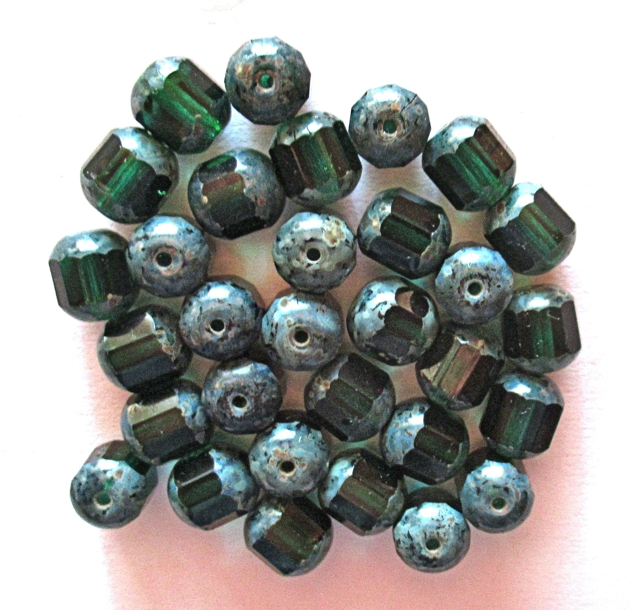 Ten Czech glass faceted cathedral or barrel beads six sides - 10mm fire polished teal blue green beads w/ picasso finish on the ends C0058