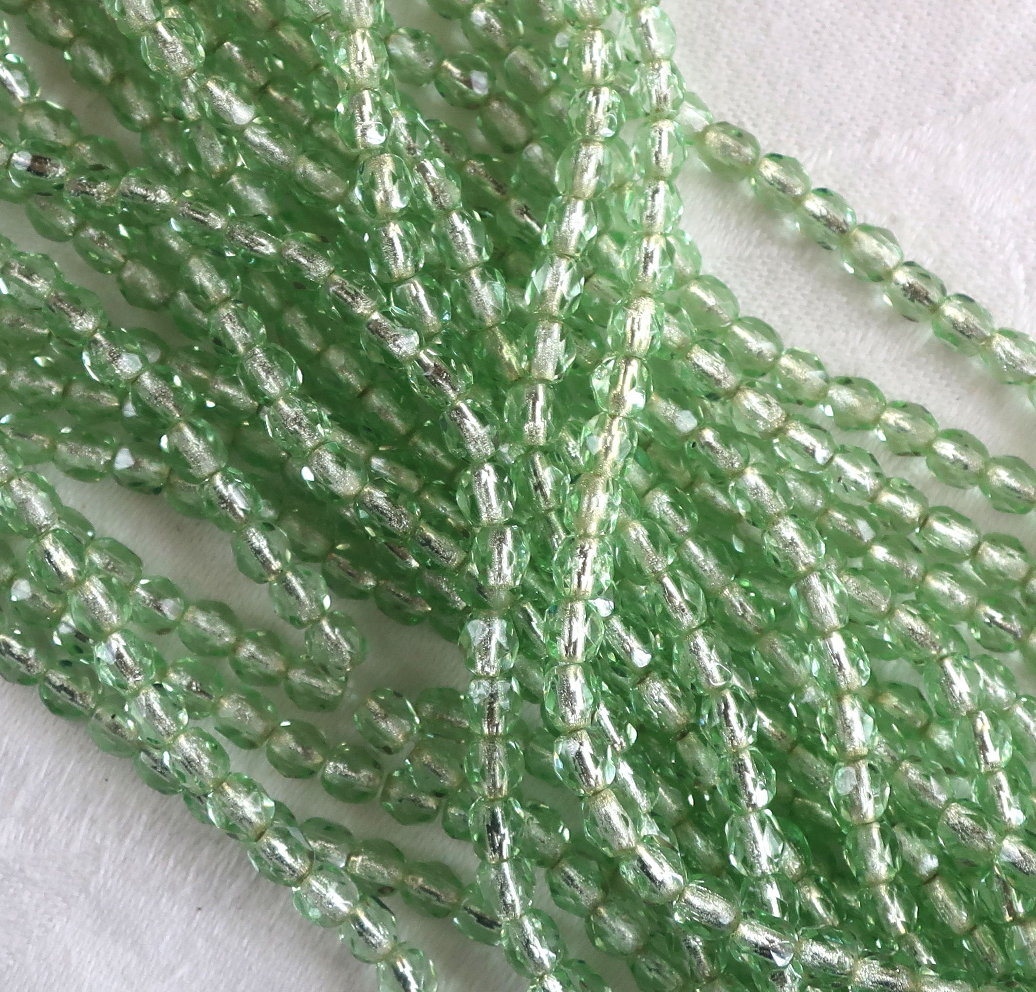 50 4mm Peridot, light green, silver lined Czech glass beads, fire polished faceted round glass beads C5550