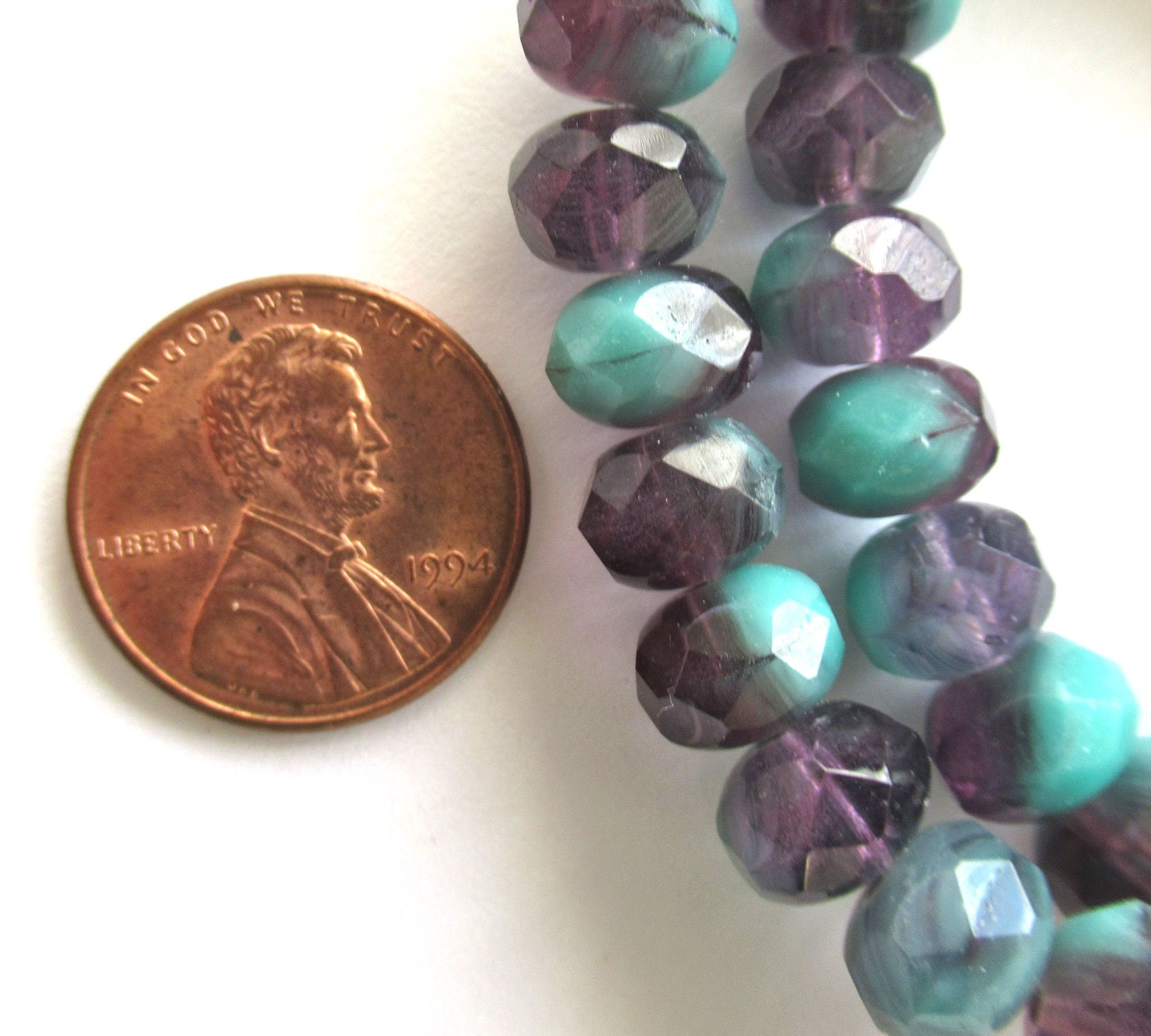 25 Czech glass puffy rondelle beads - 6 x 9mm transparent purple / tanzanite & opaque turquoise blue green color mix faceted rondelles 00662