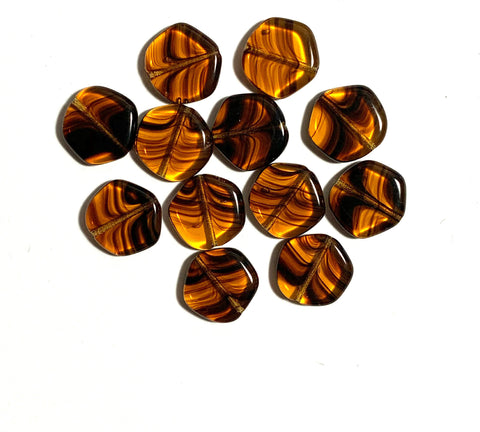 Ten 15mm Czech glass asymmetrical coin or disc beads - tortoise shell beads - C0005