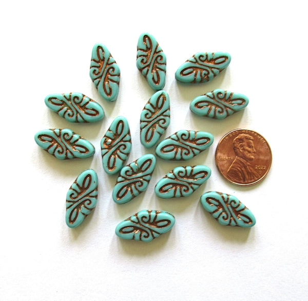 8 Czech glass arabesque beads - 9 x 19mm turquoise green diamond shaped engraved beads with a bronze wash - C0049