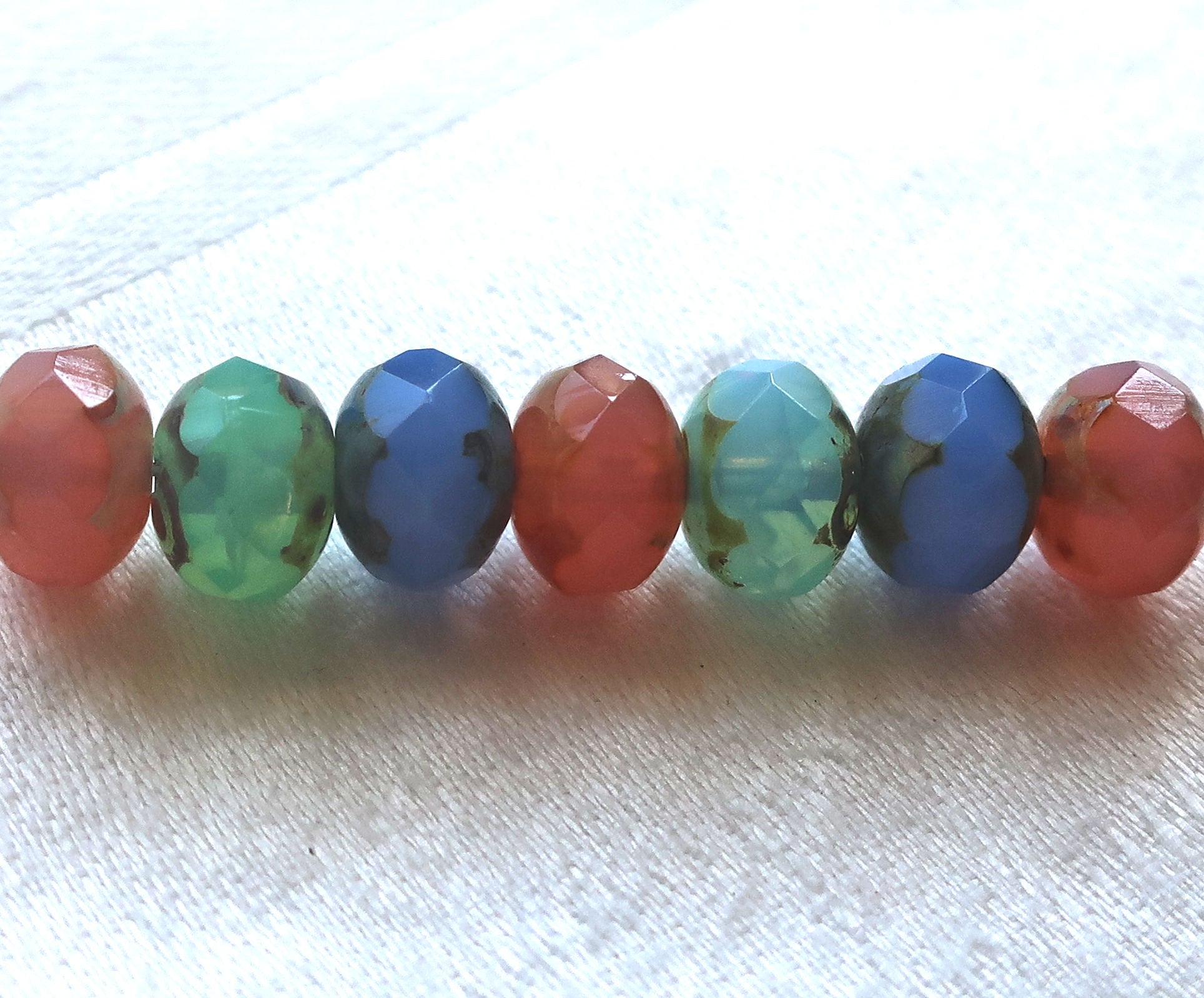 25 Czech glass faceted puffy rondelles, 6 x 8mm translucent pink. blue & aqua picasso color assortment, sale price rondelle beads, 51101 - Glorious Glass Beads