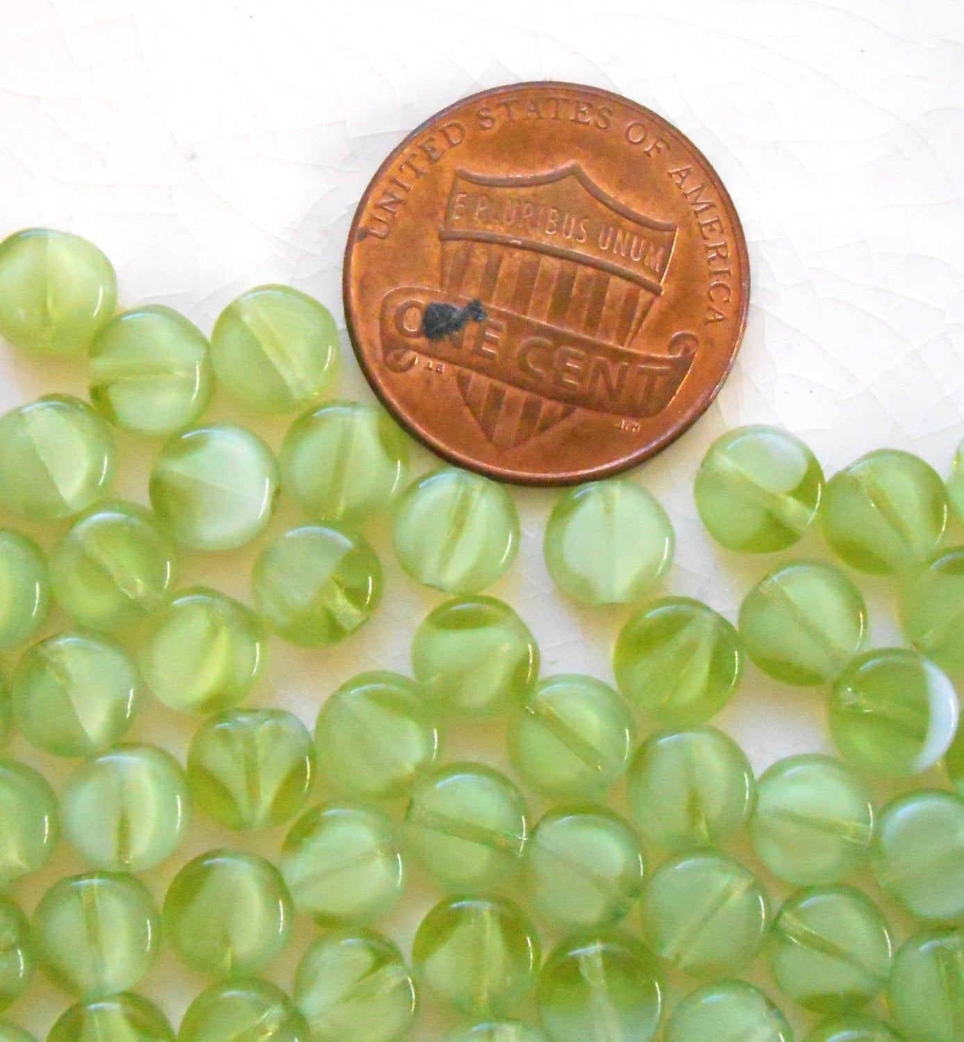 50 6mm Czech glass flat round milky olivine beads, little green white heart coin or disc beads C0094