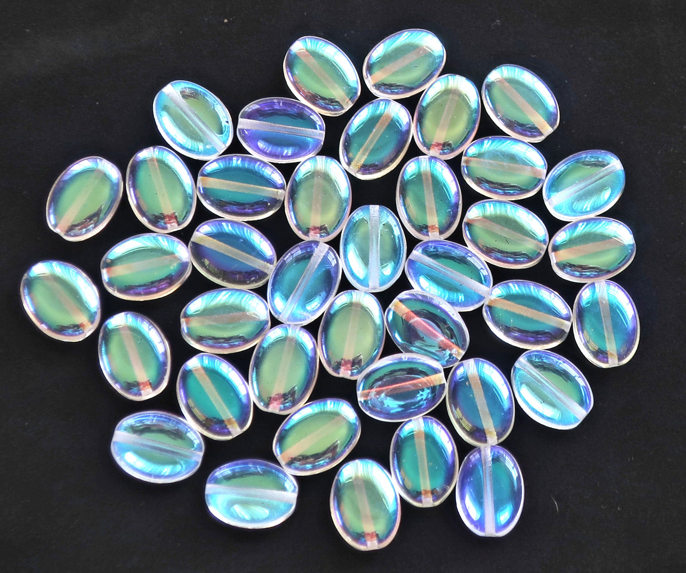25 Crystal AB flat oval Czech Glass beads, 12mm x 9mm pressed glass beads C7525 - Glorious Glass Beads