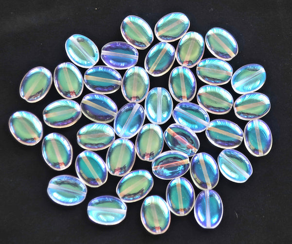 25 Crystal AB flat oval Czech Glass beads, 12mm x 9mm pressed glass beads C0095
