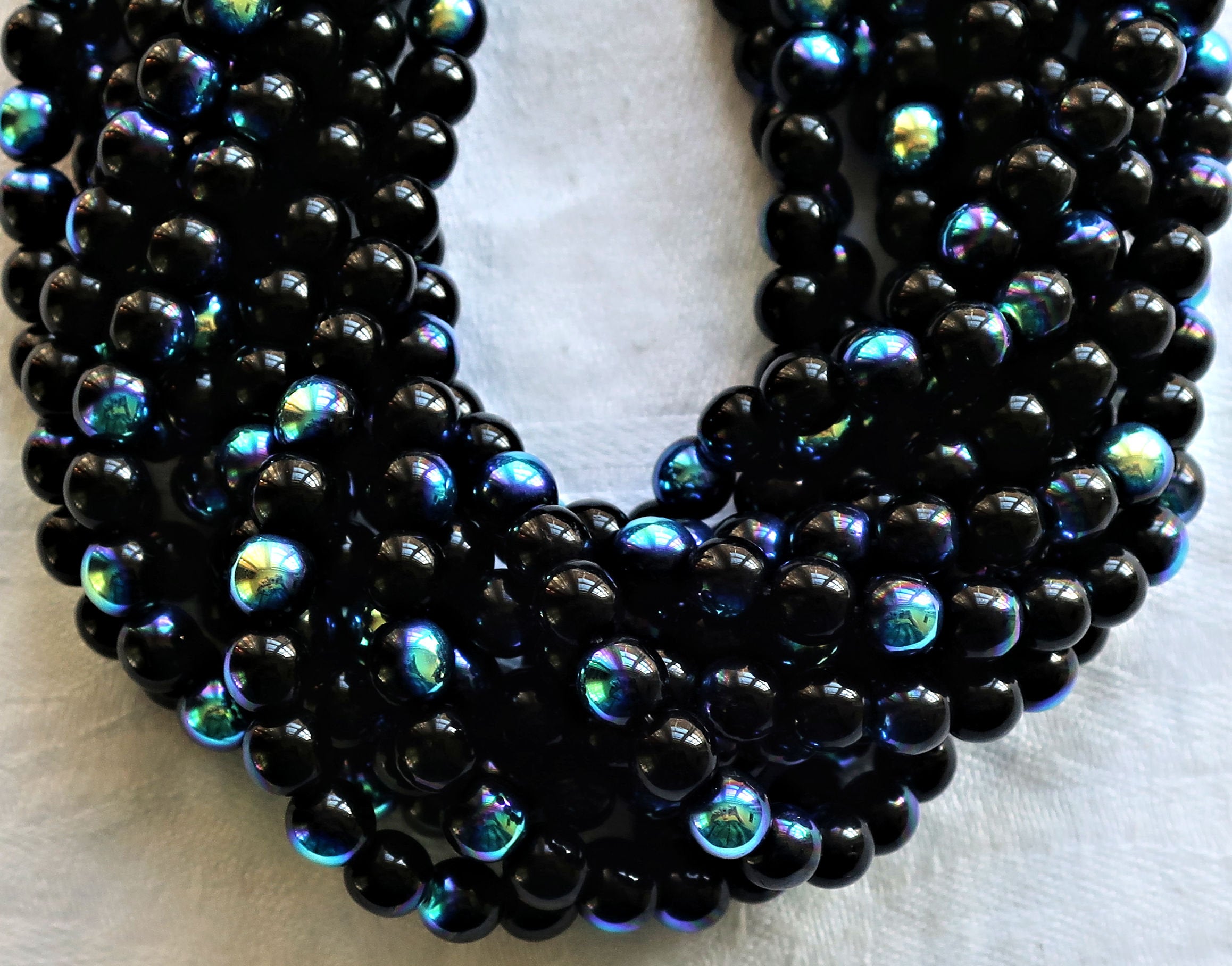 Lot of 50 Czech glass druks - 6mm Jet Black AB - smooth round druk beads,C8850 - Glorious Glass Beads