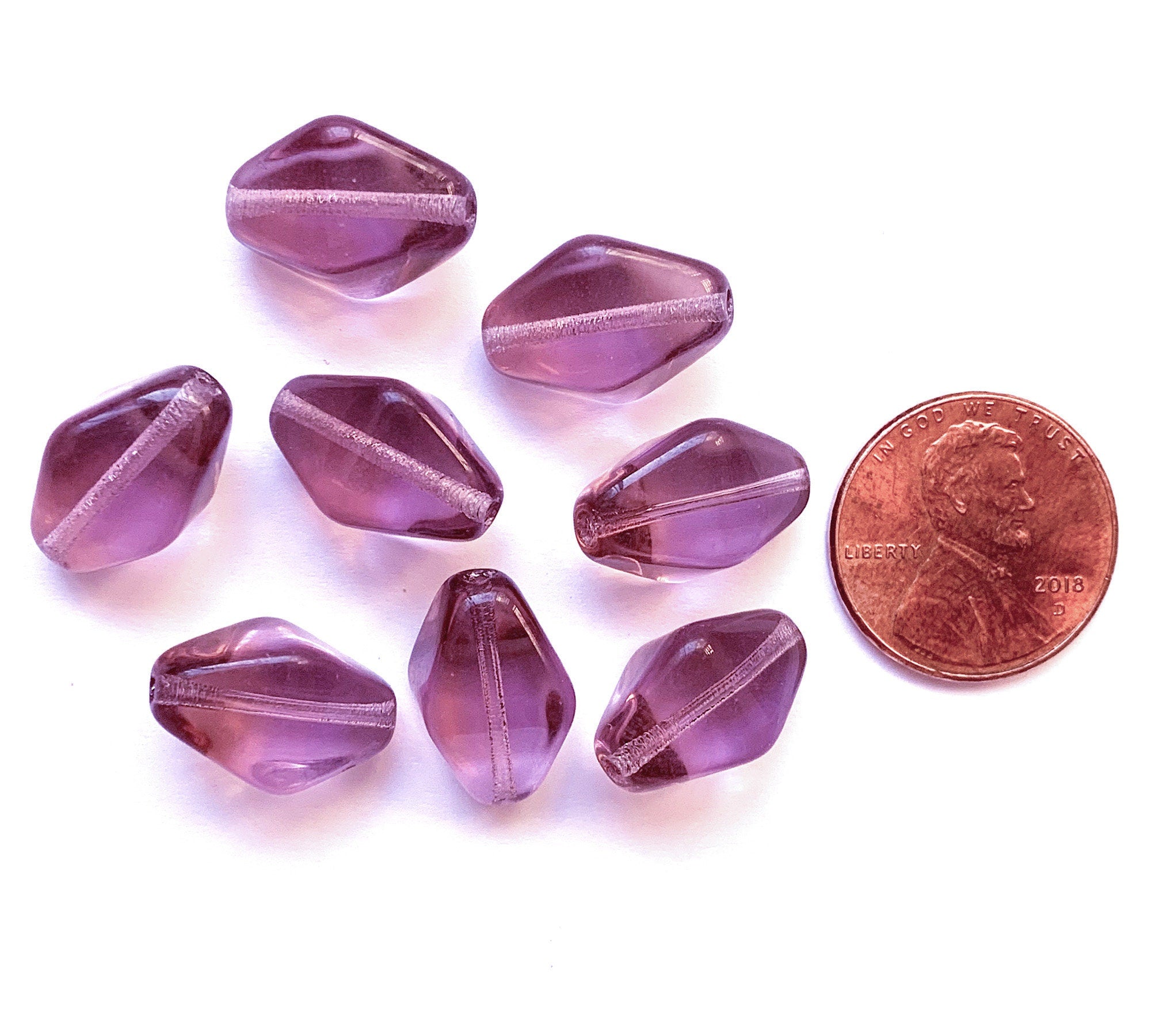 Lot of ten 16 x 13mm light purple amethyst chunky lantern, diamond or tube glass beads C0024