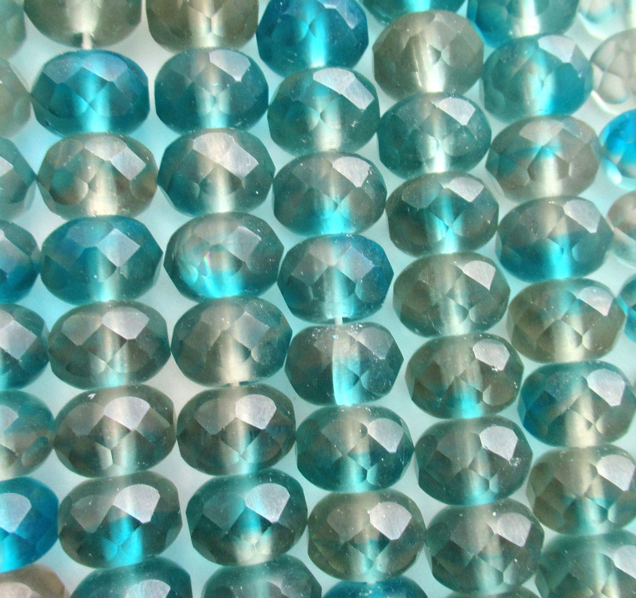 25 faceted Czech glass puffy rondelle beads - 6 x 9mm transparent matte aqua blue & gray mix rondelles 00522