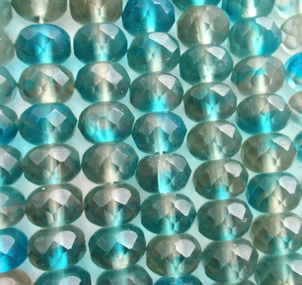 25 faceted Czech glass puffy rondelle beads - 6 x 9mm transparent matte aqua blue & gray mix rondelles 00522
