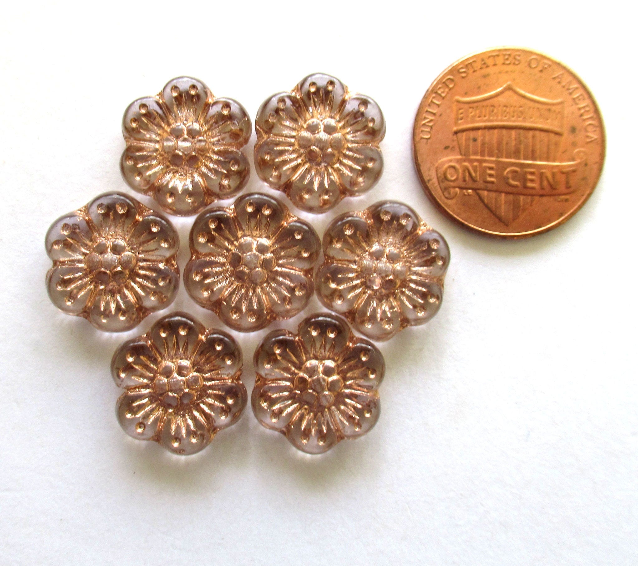 Ten Czech glass wild rose flower beads - 14mm transparent crystal clear floral beads with a copper wash C00501