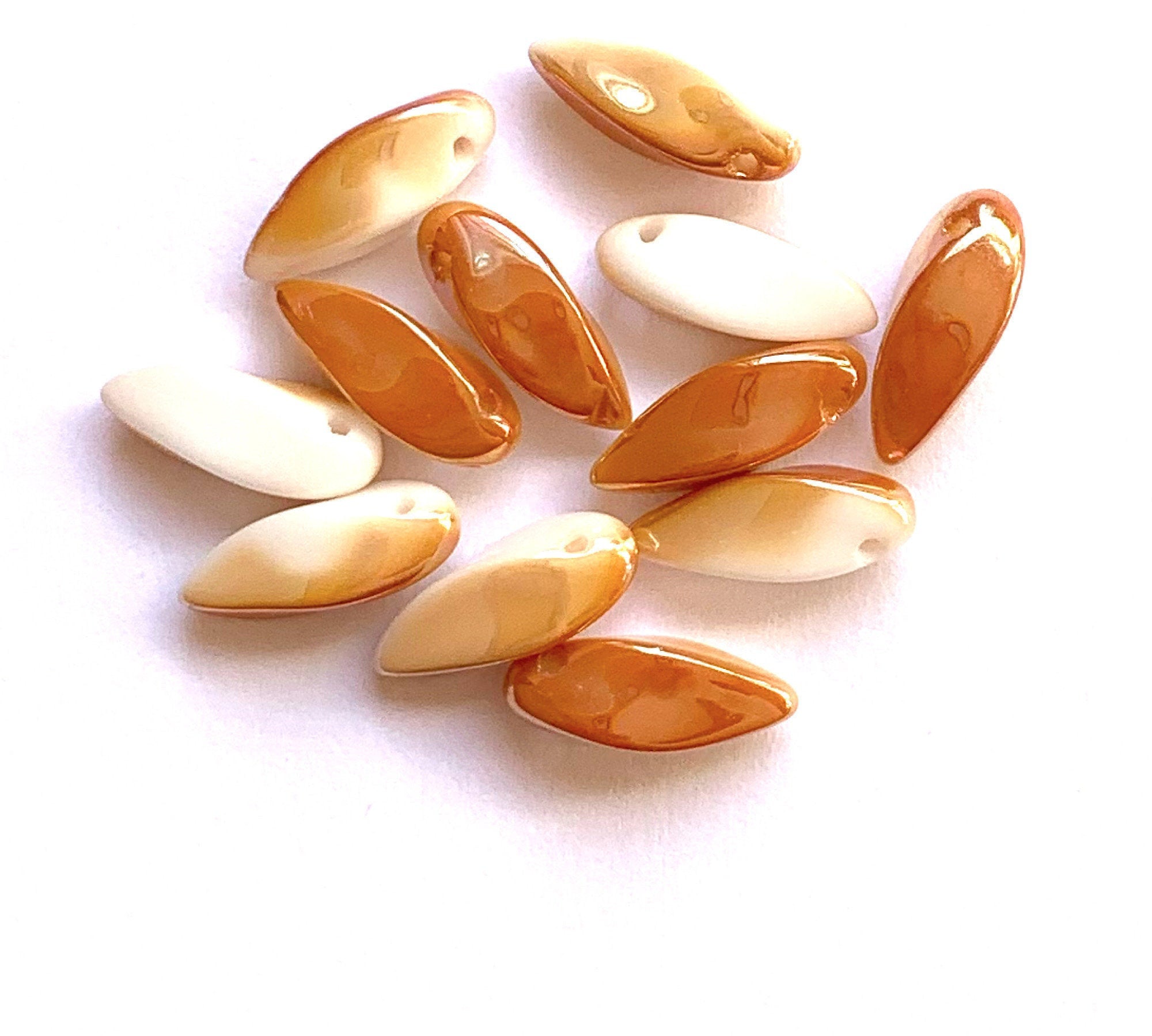 20 Czech glass twisted teardrop, petal or dagger beads - top drilled 6 x 12mm apricot white mix pressed glass beads C0201