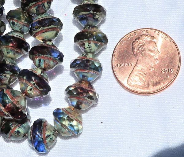 Ten Czech glass saturn / saucer beads - 11 x 10mm blue, purple / amethyst & green mix with a picasso finish C53101 - Glorious Glass Beads