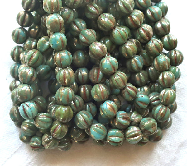 25 Czech pressed glass melon beads, 6mm opaque Turquoise Blue with a Picasso finish C0901 - Glorious Glass Beads