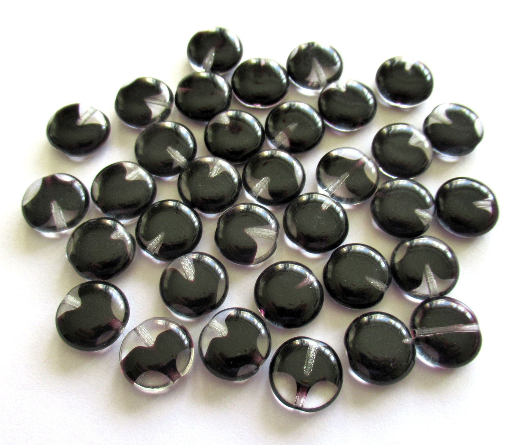 20 Czech glass coin beads - 10mm jet black & crystal disc beads C0055