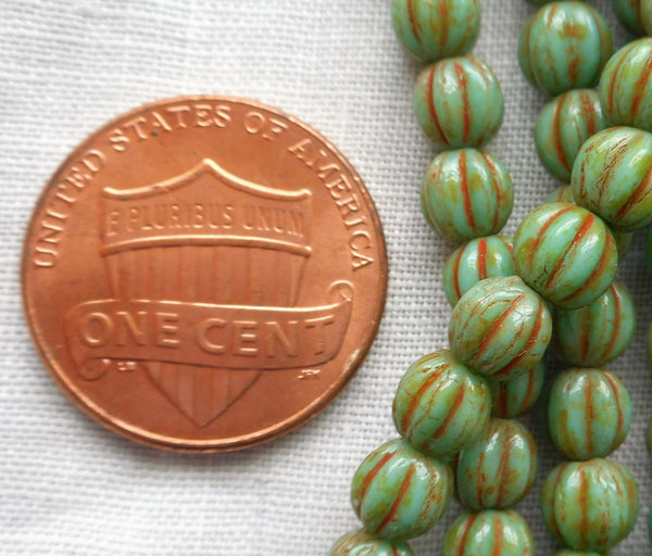 Fifty 5mm Opaque Turquoise Picasso melon beads, pressed Czech glass beads C8750 - Glorious Glass Beads