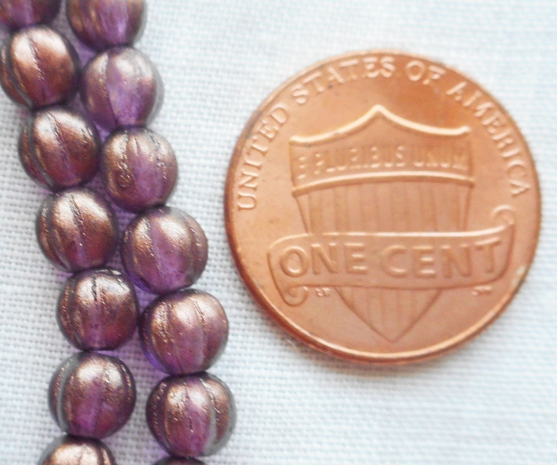 Fifty 5mm Halo Regal Czech glass melon beads, purple, amethyst gold coated beads C33101 - Glorious Glass Beads