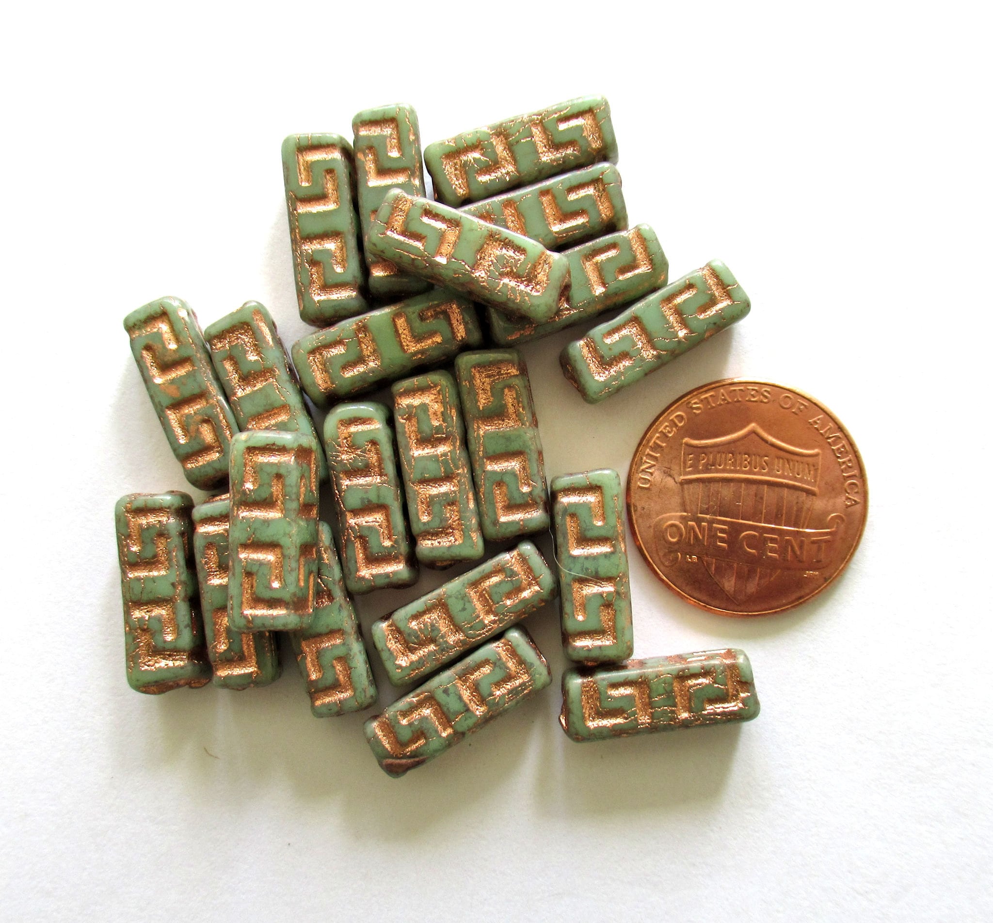 12 Czech glass beads - squared tube beads - Celtic block beads - moss green with a copper wash - 15 x 5mm C00001