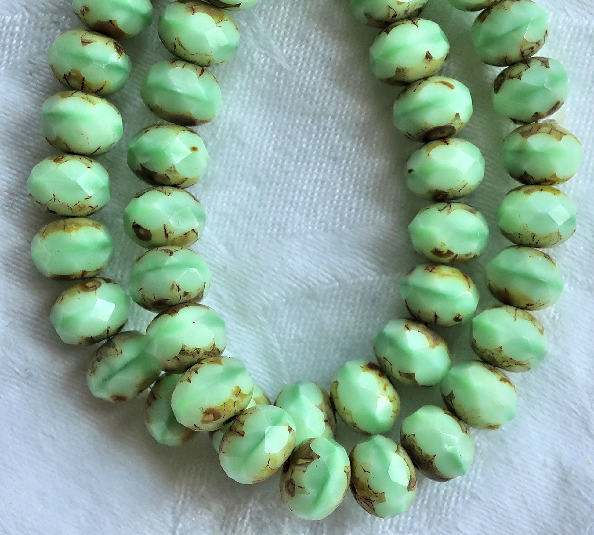 Lot of 25 Opaque Mint Green Picasso faceted puffy rondelle or donut beads, 8 x 6mm green Czech glass beads C07201 - Glorious Glass Beads