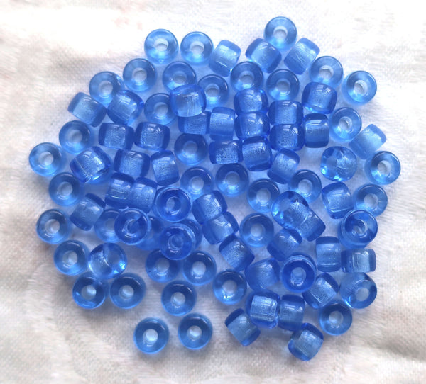 Lot of 50 6mm Czech glass pony beads, Transparent medium Sapphire blue roller beads, large hole blue glass crow beads, C0025